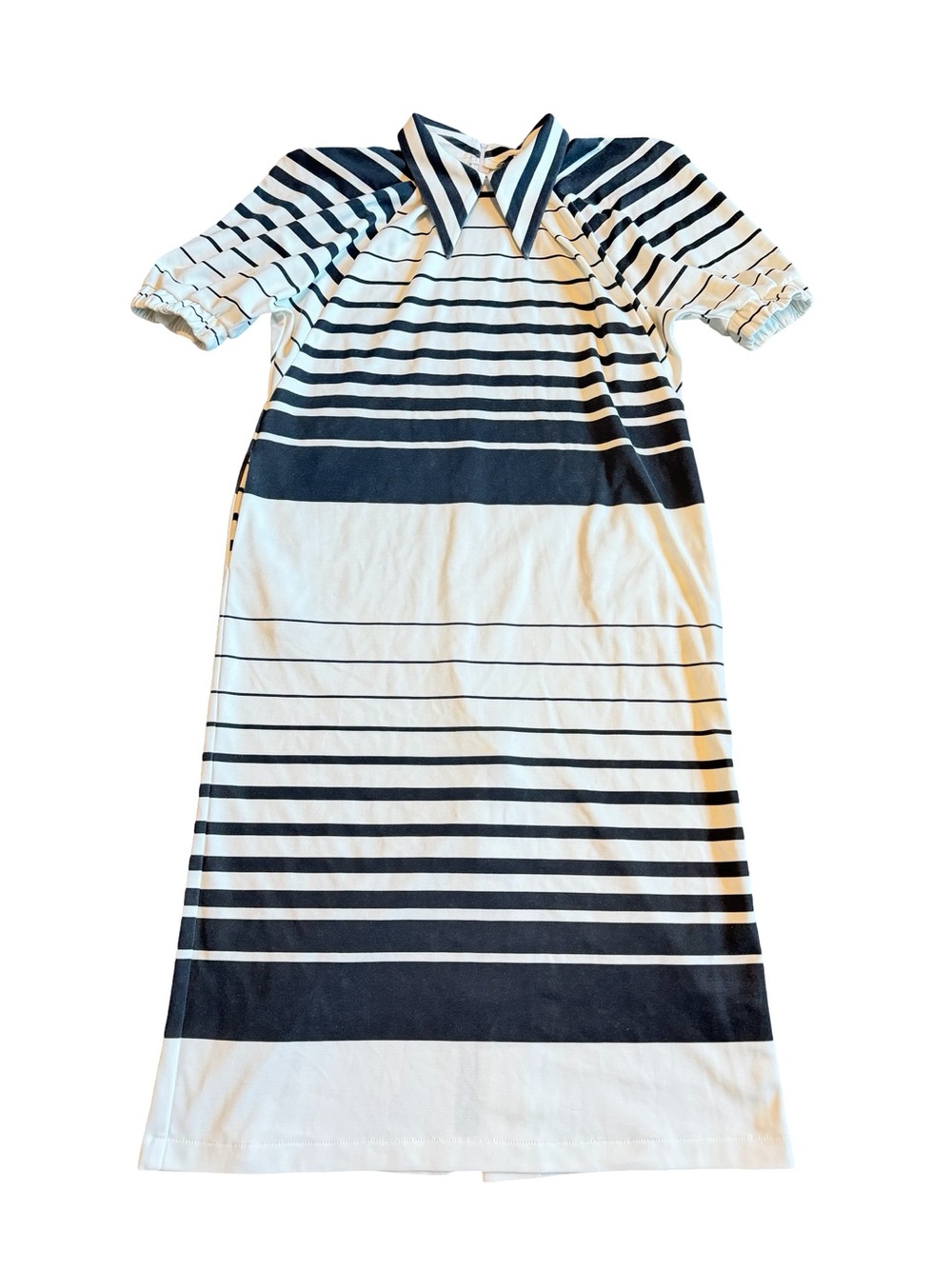 Julia Allert White Black Stripe Midi Dress Rare Puff Sleeves Collar Size Large